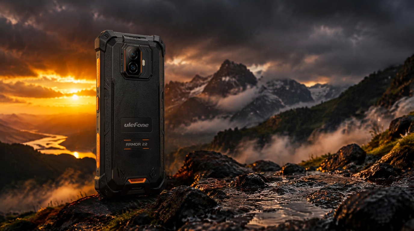 Ulefone Armor 22 rugged phone on mountain rock at sunset
