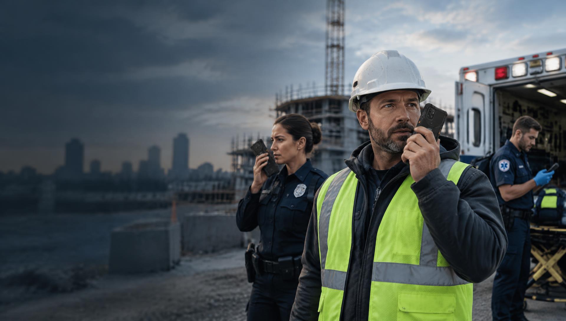 Construction worker, code enforcement officer and EMT using rugged phones like walkie-talkies near an ambulance