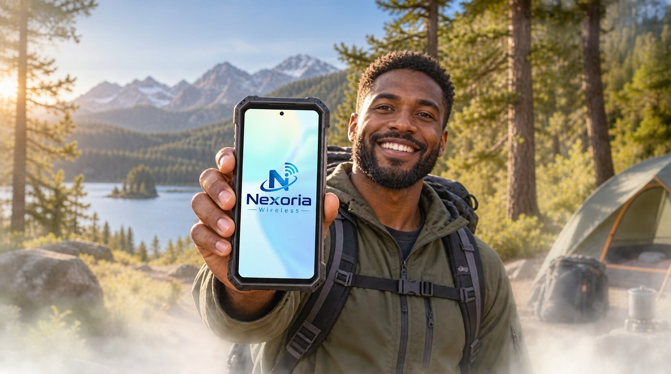 Camper holding a rugged Nexoria Wireless phone at a mountain campsite