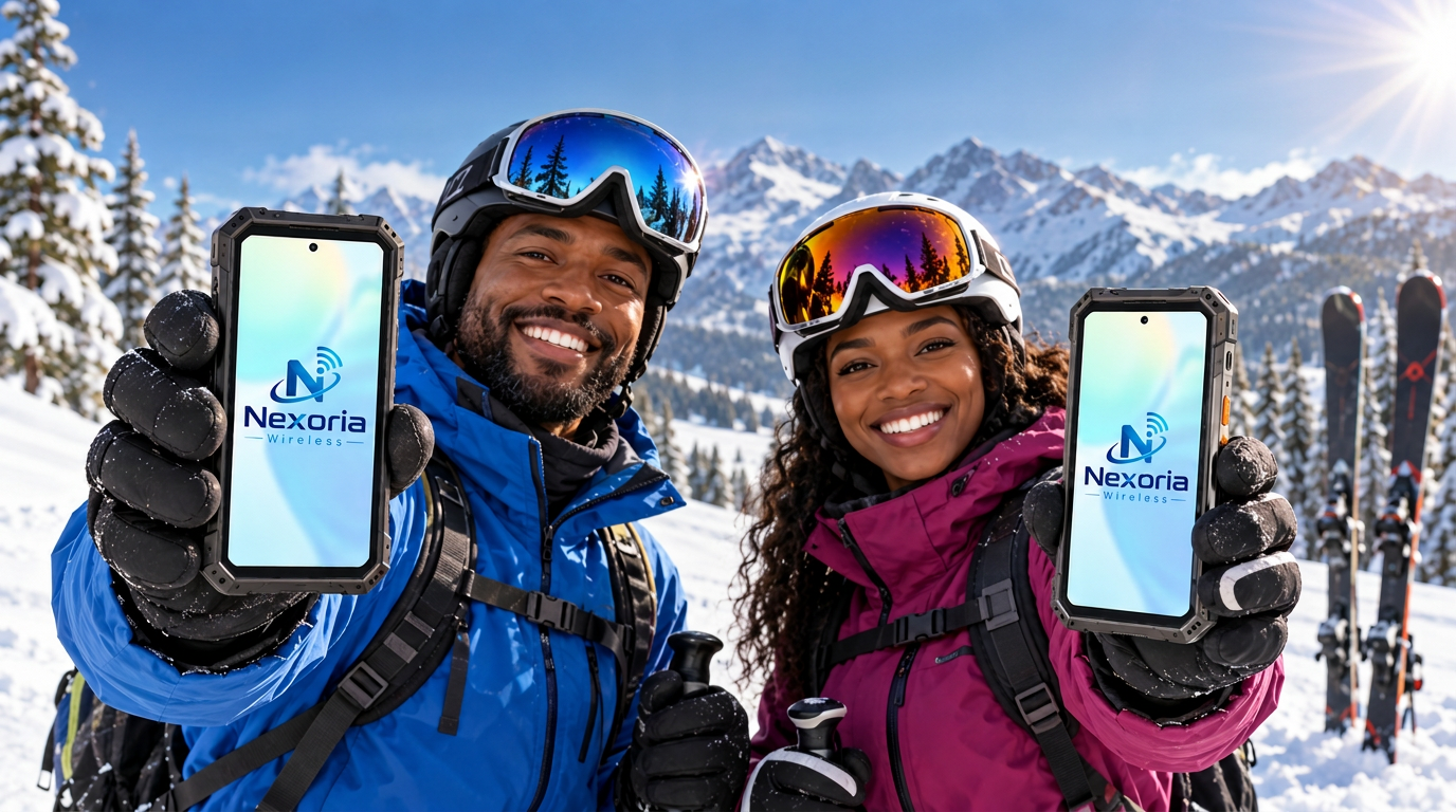 Two skiers holding rugged Nexoria Wireless phones in the mountains