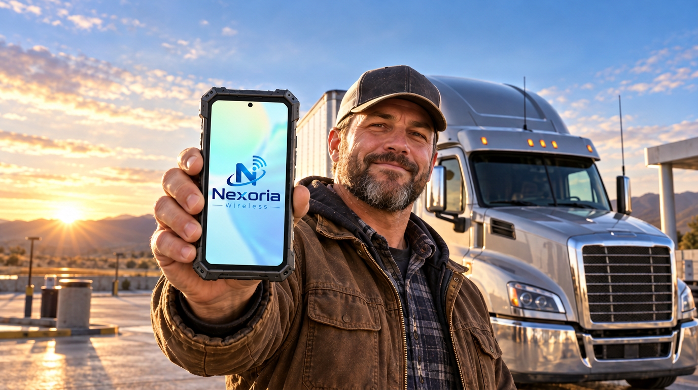 Truck driver holding a rugged Nexoria Wireless phone in front of a semi-truck